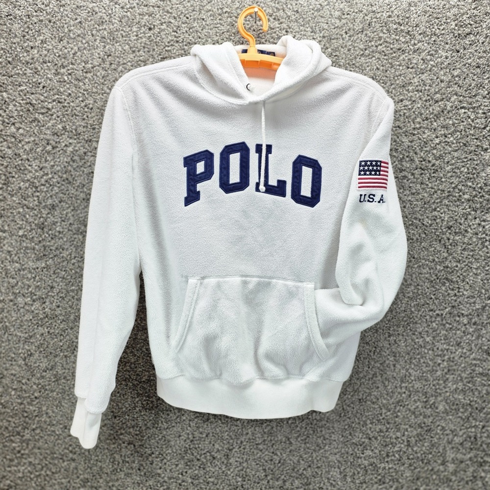 POLO RALPH LAUREN PULLOVER FLEECE HOODIE USA FLAG PATCH WHITE NAVY BLUE sz Med